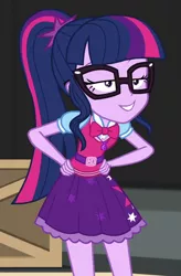 Size: 524x801 | Tagged: safe, derpibooru import, screencap, sci-twi, twilight sparkle, equestria girls, movie magic, spoiler:eqg specials, belt, bowtie, clothes, cropped, geode of telekinesis, glasses, hand on hip, lidded eyes, looking at you, magical geodes, ponytail, skirt, smug, smuglight sparkle, solo