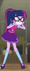 Size: 234x556 | Tagged: safe, derpibooru import, screencap, sci-twi, twilight sparkle, equestria girls, movie magic, spoiler:eqg specials, adorkable, clothes, cropped, cute, dork, excited, female, geode of telekinesis, glasses, magical geodes, mary janes, ponytail, shoes, skirt, smiling, socks, solo