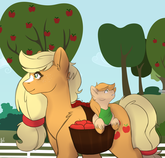 Size: 2600x2500 | Tagged: safe, artist:mah521, derpibooru import, applejack, oc, oc:apple dust, earth pony, pony, apple, apple tree, basket, colt, female, fence, food, freckles, high res, male, mare, mother and son, neckerchief, offspring, parent:applejack, saddle basket, tree, unshorn fetlocks