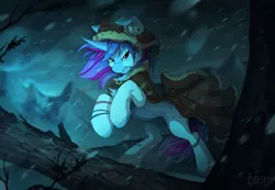 Size: 1280x884 | Tagged: safe, artist:hioshiru, derpibooru import, oc, oc:aqua jewel, unofficial characters only, pony, unicorn, cape, clothes, hood, hooded cape, male, mountain, mountain range, rearing, serious, serious face, snow storm, solo, stallion, storm, tree, ych result