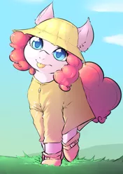 Size: 847x1204 | Tagged: safe, artist:angrylittlerodent, derpibooru import, pinkie pie, earth pony, pony, clothes, colored pupils, cute, diapinkes, ear fluff, female, grass, hat, looking at you, mare, pinkie being pinkie, rain boots, raincoat, rainhat, solo, tongue out