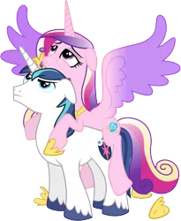 Size: 4740x5790 | Tagged: safe, artist:90sigma, derpibooru import, edit, editor:slayerbvc, vector edit, princess cadance, shining armor, alicorn, pony, unicorn, the crystal empire, absurd resolution, accessory swap, crown, cute, cutedance, female, floppy ears, hoof shoes, jewelry, male, mare, ponies riding ponies, regalia, simple background, spread wings, stallion, tired, transparent background, vector, wings