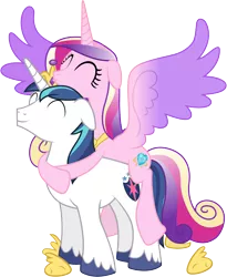 Size: 4740x5790 | Tagged: safe, artist:90sigma, derpibooru import, edit, editor:slayerbvc, vector edit, princess cadance, shining armor, alicorn, pony, unicorn, the crystal empire, absurd resolution, accessory swap, crown, cute, cutedance, daaaaaaaaaaaw, female, floppy ears, happy, hoof shoes, hug, jewelry, male, mare, peytral, ponies riding ponies, regalia, simple background, spread wings, stallion, transparent background, vector, wings