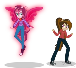 Size: 1024x919 | Tagged: safe, artist:mlp-trailgrazer, derpibooru import, oc, oc:contralto, oc:cupcake slash, unofficial characters only, equestria girls, clothes, equestria girls-ified, evil grin, female, fin wings, gem, grin, hoodie, lesbian, pants, ponied up, pony ears, shoes, simple background, siren gem, smiling, striped shirt, sweater, transparent background