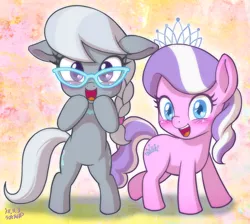 Size: 1000x894 | Tagged: safe, artist:uotapo, derpibooru import, diamond tiara, silver spoon, earth pony, pony, adorabullies, blushing, cute, cutie mark, diamondbetes, duo, duo female, female, filly, glasses, happy, looking at you, silverbetes, smiling, uotapo is trying to murder us