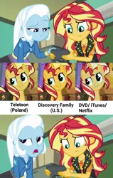 Size: 2048x3219 | Tagged: safe, derpibooru import, edit, edited screencap, screencap, sunset shimmer, trixie, pony, equestria girls, equestria girls series, forgotten friendship, mirror magic, spoiler:eqg specials, bag, bust, comparison, cropped, exploitable meme, female, looking up, mare, meme, smiling, solo, sunset's recording, you had one job