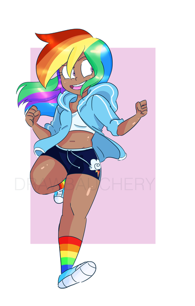 Size: 1411x2216 | Tagged: artist:drawbauchery, belly button, board shorts, clothes, converse, dark skin, derpibooru import, female, hoodie, human, humanized, midriff, part of a set, rainbow dash, rainbow socks, safe, shoes, shorts, socks, solo, sports bra, striped socks, watermark