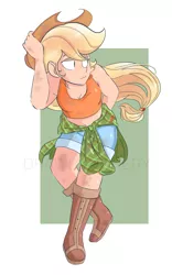 Size: 2464x3959 | Tagged: applejack, artist:drawbauchery, belly button, boots, breasts, cleavage, clothes, cowboy hat, derpibooru import, female, freckles, hat, human, humanized, midriff, part of a set, safe, shoes, shorts, solo, stetson, tanktop, watermark