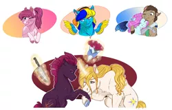 Size: 1600x1024 | Tagged: safe, artist:earthsong9405, deleted from derpibooru, derpibooru import, doctor whooves, fizzlepop berrytwist, prince blueblood, tempest shadow, time turner, oc, oc:cloudy patches, earth pony, pegasus, pony, unicorn, fanfic, my little pony: the movie, abstract background, amputee, augmented, berryblood, betrayal, bite mark, blank flank, bouquet, broken horn, bust, canon x oc, cheek fluff, chest fluff, colored hooves, colored wings, colored wingtips, commission, covered in scars, crack shipping, curved horn, cute, duo, eye contact, eye scar, eyes closed, fanfic art, fanfic cover, female, floating wings, floppy ears, flower, fluffy, frown, glare, glowing horn, grin, hat, hoof kissing, hug, kissing, kitchen knife, knife, leaning, leg fluff, levitation, lidded eyes, looking at each other, magic, male, mare, necktie, one eye closed, prosthetic limb, prosthetic wing, prosthetics, rose, scar, shipping, shoulder fluff, simple background, sitting, smiling, smirk, stallion, straight, telekinesis, underhoof, unshorn fetlocks, white background, wink