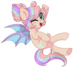 Size: 2345x2177 | Tagged: safe, artist:hawthornss, derpibooru import, oc, oc:sweet skies, bat pony, bat pony oc, chest fluff, cute, cute little fangs, ear fluff, fangs, lightly watermarked, looking at you, one eye closed, open mouth, simple background, transparent background, underhoof, watermark, wink