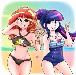 Size: 1730x1707 | Tagged: suggestive, artist:masterohyeah, derpibooru import, sci-twi, sunset shimmer, twilight sparkle, human, equestria girls, equestria girls series, forgotten friendship, armpits, beach, bikini, breasts, clothes, female, grin, humanized, looking at you, one-piece swimsuit, peace sign, sexy, smiling, swimsuit