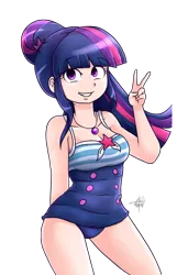 Size: 1052x1636 | Tagged: suggestive, artist:masterohyeah, derpibooru import, sci-twi, twilight sparkle, human, equestria girls, equestria girls series, forgotten friendship, breasts, clothes, female, grin, humanized, one-piece swimsuit, peace sign, sexy, simple background, smiling, solo, solo female, swimsuit, transparent background