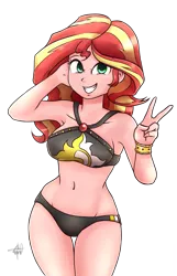 Size: 1052x1636 | Tagged: suggestive, artist:masterohyeah, derpibooru import, sunset shimmer, human, equestria girls, equestria girls series, forgotten friendship, armpits, bikini, breasts, clothes, female, grin, humanized, peace sign, sexy, simple background, smiling, solo, solo female, swimsuit, transparent background