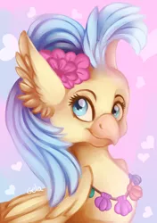 Size: 3496x4961 | Tagged: artist:gela98, bust, classical hippogriff, derpibooru import, ear fluff, flower, flower in hair, head, heart, heart background, hippogriff, my little pony: the movie, painted, pink background, princess skystar, safe, seashell necklace, simple background, solo