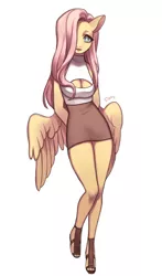 Size: 1532x2600 | Tagged: anthro, artist:rd_3024, beautiful, boob window, butt wings, clothes, derpibooru import, female, fluttershy, legs, looking at you, mare, miniskirt, moe, pegasus, plantigrade anthro, safe, sandals, shirt, simple background, skirt, solo, thighs, white background