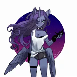 Size: 2200x2200 | Tagged: alicorn, anthro, artist:rd_3024, butt wings, clothes, collar, derpibooru import, female, fingerless gloves, gloves, mare, princess luna, safe, shorts, solo, tanktop