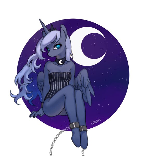 Size: 1877x2048 | Tagged: alicorn, anthro, artist:rd_3024, chains, clothes, crown, derpibooru import, dress, female, jewelry, looking at you, mare, moon, princess luna, regalia, safe, solo, unguligrade anthro