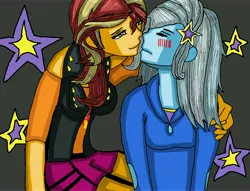Size: 6600x5035 | Tagged: safe, artist:takrontoxicity, derpibooru import, sunset shimmer, trixie, equestria girls, equestria girls series, absurd resolution, blushing, clothes, female, just kiss already, lesbian, nervous, shipping, suntrix