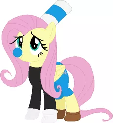 Size: 378x411 | Tagged: safe, artist:nsmah, artist:user15432, derpibooru import, fluttershy, pegasus, pony, barely pony related, base used, black shirt, blue nose, clothes, crossover, cuphead, gloves, long sleeve shirt, long sleeves, mugman, my little pony, shirt, shoes, shorts, straw, studio mdhr