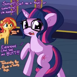 Size: 3000x3000 | Tagged: safe, artist:tjpones, derpibooru import, sci-twi, sunset shimmer, twilight sparkle, ponified, pony, unicorn, equestria girls, adorable distress, adorkable, backwards cutie mark, covering, cute, dialogue, dork, ear fluff, embarrassed, embarrassed nude exposure, equestria girls ponified, female, glasses, mare, plot, ponytail, shimmerbetes, tail between legs, tail covering, twiabetes, unicorn sci-twi, we don't normally wear clothes