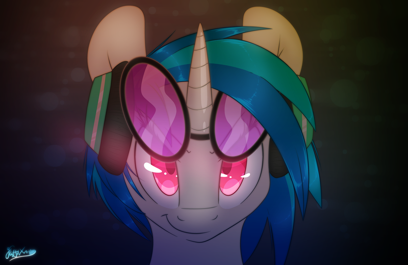 Size: 4000x2600 | Tagged: safe, artist:fluffyxai, derpibooru import, vinyl scratch, pony, unicorn, abstract background, badass, cocky, colored pupils, cool, female, glasses, glowing eyes, headphones, looking at you, mare, smiling, smirk, solo