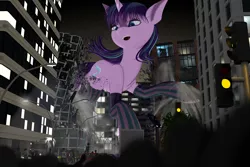 Size: 3840x2560 | Tagged: semi-grimdark, artist:styroponyworks, derpibooru import, starlight glimmer, pony, unicorn, 3d, blender, building, city, clothes, destruction, female, flying car, giant pony, implied death, macro, mare, mega glimmer, messy mane, mixed media, night, socks, striped socks, sweat