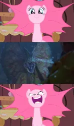 Size: 759x1280 | Tagged: safe, artist:curly, derpibooru import, edit, edited screencap, screencap, pinkie pie, dilophosaurus, dinosaur, earth pony, pony, party of one, jurassic park, you're going to love me
