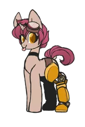 Size: 2000x3000 | Tagged: safe, artist:mimisaurusrex, derpibooru import, oc, oc:berry jubilee, unicorn, :p, amputee, choker, double amputee, female, freckles, goggles, mare, prosthetic limb, prosthetics, silly, simple background, standing, steampunk, tongue out, transparent background