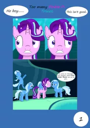 Size: 3508x4961 | Tagged: safe, artist:raribelle, derpibooru import, starlight glimmer, trixie, pony, unicorn, cave, cave pool, comic, mirror pool, multeity, trixie army