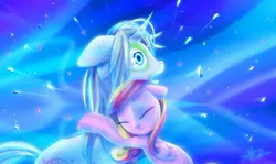Size: 1134x677 | Tagged: safe, artist:bluest-ayemel, derpibooru import, princess cadance, prismia, pegasus, pony, my little pony chapter books, twilight sparkle and the crystal heart spell, female, filly, filly cadance, hug, pegasus cadance, younger