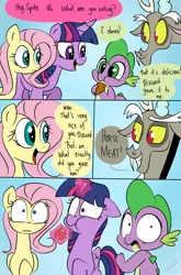 Size: 800x1214 | Tagged: safe, artist:emositecc, derpibooru import, discord, fluttershy, spike, twilight sparkle, twilight sparkle (alicorn), alicorn, draconequus, dragon, pegasus, pony, accidental cannibalism, cannibalism, comic, dialogue, dragons eating horses, eating, female, food, horse meat, male, mare, meat, ponies eating meat, shocked, speech bubble, spike don't care about meat, text, this will end in tears