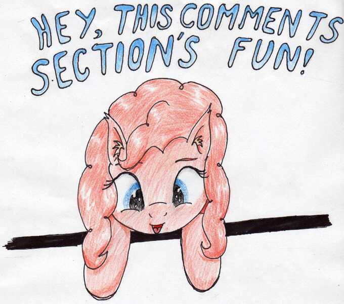 Size: 2388x2106 | Tagged: safe, artist:40kponyguy, derpibooru import, pinkie pie, earth pony, pony, ear fluff, female, fourth wall, looking down, mare, reaction image, simple background, solo, traditional art, white background