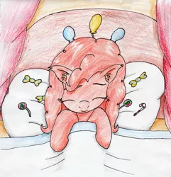 Size: 2388x2481 | Tagged: safe, artist:40kponyguy, derpibooru import, pinkie pie, earth pony, pony, balloon, bed, candy, cute, cutie mark, ear fluff, eyes closed, floppy ears, food, pillow, sleeping, solo, sweets, traditional art