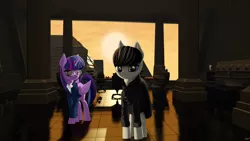 Size: 6400x3600 | Tagged: safe, alternate version, artist:styroponyworks, derpibooru import, octavia melody, twilight sparkle, twilight sparkle (alicorn), alicorn, earth pony, pony, blade runner, building, city, clothes, glasses, movie reference