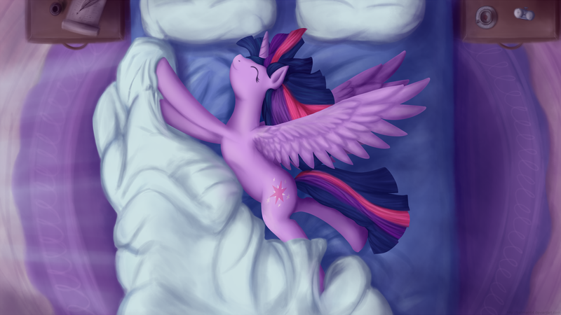 Size: 1920x1080 | Tagged: safe, artist:taggerung, derpibooru import, twilight sparkle, twilight sparkle (alicorn), alicorn, pony, bed, bedsheets, crepuscular rays, eyes closed, female, mare, messy mane, morning, morning ponies, overhead view, pillow, side, solo, stretching, waking up