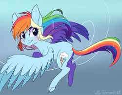 Size: 1480x1156 | Tagged: safe, artist:silbersternenlicht, derpibooru import, rainbow dash, pegasus, pony, blushing, cute, cutie mark, female, flying, gradient background, scrunchy face, solo, spread wings, wings