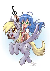 Size: 2076x2935 | Tagged: safe, artist:studlyhorn, derpibooru import, derpy hooves, human, pegasus, pony, ahoge, clothes, colored pupils, crossover, duo, female, flying, humans riding ponies, integral, izumi konata, line integral, lucky star, mare, riding, school uniform, signature