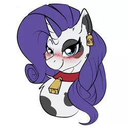 Size: 3000x3000 | Tagged: safe, anonymous artist, derpibooru import, edit, rarity, cow, unicorn, /mlp/, 4chan, bell, bell collar, blushing, collar, cute, drawthread, ear tag, image, looking at you, pet play, png, raribetes, raricow, simple background, solo, species swap, white background