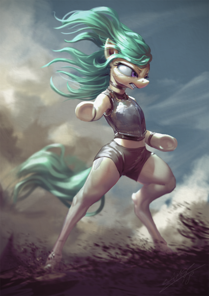 Size: 765x1080 | Tagged: safe, artist:assasinmonkey, derpibooru import, oc, unofficial characters only, earth pony, semi-anthro, unguligrade anthro, arm hooves, armor, bipedal, chest plate, clothes, female, flowing mane, mare, midriff, shorts, signature, solo, underhoof