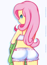 Size: 1152x1584 | Tagged: suggestive, artist:drantyno, derpibooru import, fluttershy, equestria girls, bloomers, bra, clothes, female, flutterbutt, frilly underwear, looking at you, looking back, panties, ribbon, smiling, solo, solo female, underwear, white underwear