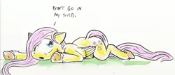 Size: 600x260 | Tagged: semi-grimdark, artist:capt_hairball, derpibooru import, fluttershy, pegasus, pony, .mov, apple.mov, shed.mov, adoracreepy, creepy, cute, depression, dialogue, fluttershed, folded wings, hair over one eye, prone, serial killer, simple background, stay out of my shed