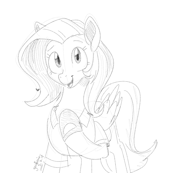 Size: 700x700 | Tagged: safe, artist:goat train, deleted from derpibooru, derpibooru import, fluttershy, pegasus, pony, clothes, cute, female, lineart, looking at you, mare, monochrome, shirt, shoes, shyabetes, simple background, sketch, smiling, solo, white background