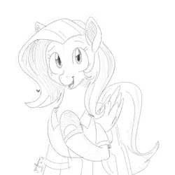Size: 700x700 | Tagged: safe, artist:goat train, deleted from derpibooru, derpibooru import, fluttershy, pegasus, pony, clothes, cute, female, lineart, looking at you, mare, monochrome, shirt, shoes, shyabetes, simple background, sketch, smiling, solo, white background