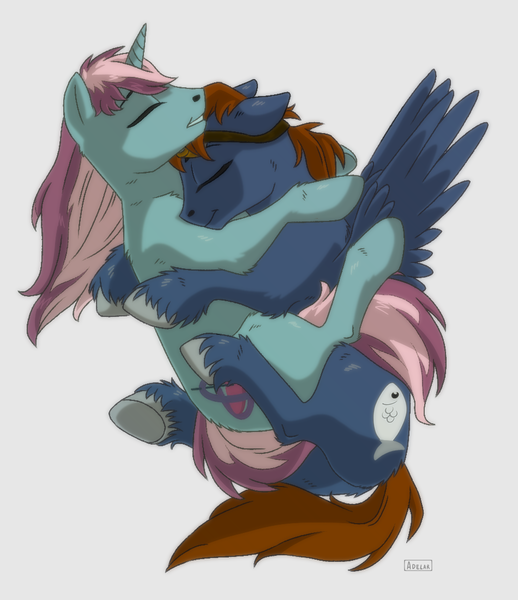 Size: 950x1100 | Tagged: safe, artist:adelar-elric, derpibooru import, oc, oc:gyro tech, oc:seaward skies, unofficial characters only, pegasus, pony, unicorn, cuddling, eyes closed, floppy ears, gay, goggles, gyward, hug, male, oc x oc, shipping, simple background, spread wings, underhoof, unshorn fetlocks, white background, wings