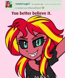 Size: 500x600 | Tagged: safe, artist:wubcakeva, derpibooru import, sunset shimmer, equestria girls, clothes, deviantart, evil grin, fangs, grin, implied lesbian, implied scitwishimmer, implied shipping, looking at you, midnightsatan, sharp teeth, shirt, smiling, solo, sunset satan, teeth