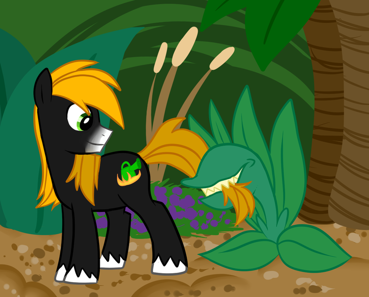 Size: 1261x1013 | Tagged: artist:danger-ousmaze, cattails, chompy, derpibooru import, fire, nom, oc, oc:brushfire, plant, safe, tree, watering can