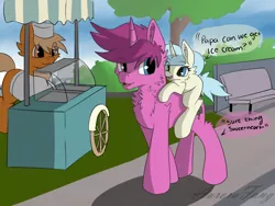 Size: 1024x768 | Tagged: safe, artist:aurorafang, derpibooru import, oc, oc:aurorafang, oc:aurorascript, unicorn, father and daughter, female, filly, flurora, food, ice cream, male, parent:oc:aurorafang, parent:oc:flurry, parents:flurora, park, stallion, stroll