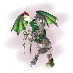 Size: 2000x2000 | Tagged: safe, artist:sourcherry, derpibooru import, oc, unnamed oc, cockatrice, pony, fallout equestria, armor, clothes, eye laser, male, mutant manual, perching, petrification, plants, rearing, sideburns, spread wings, stallion, statue, vine, wings