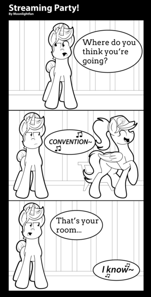 Size: 948x1864 | Tagged: safe, artist:moonlightfan, derpibooru import, oc, pegasus, pony, unicorn, cap, comic, hahcon, hahcon2018, hat, monochrome, simple background