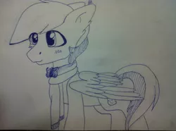 Size: 960x716 | Tagged: safe, artist:nickel, derpibooru import, oc, oc:shining glow, unofficial characters only, pegasus, pony, bowtie, clothes, cute, male, monochrome, scarf, simple background, solo, stallion, traditional art